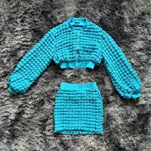 Aqua Blue Textured Lounge Set | Zip-Up Jacket + Skirt | Cozy Matching Set Size S